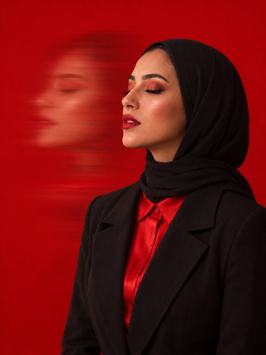 Photorealistic monochrome-red editorial portrait